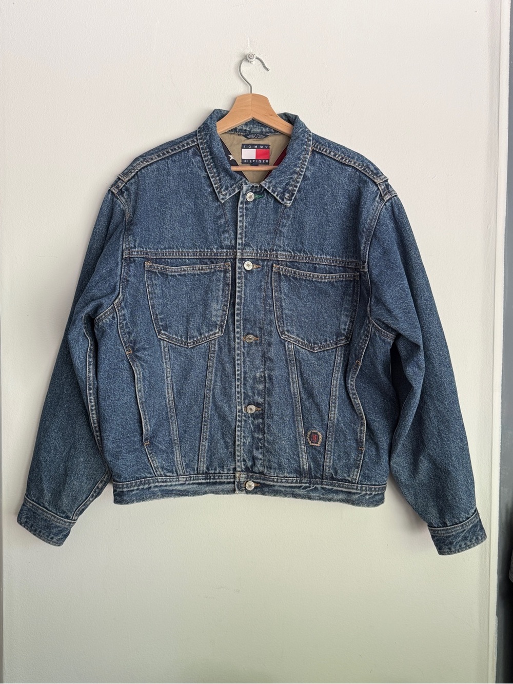 90s Tommy Hilfiger Denim Jacket Flag Lined Stars And Stripes Trucker M Blue